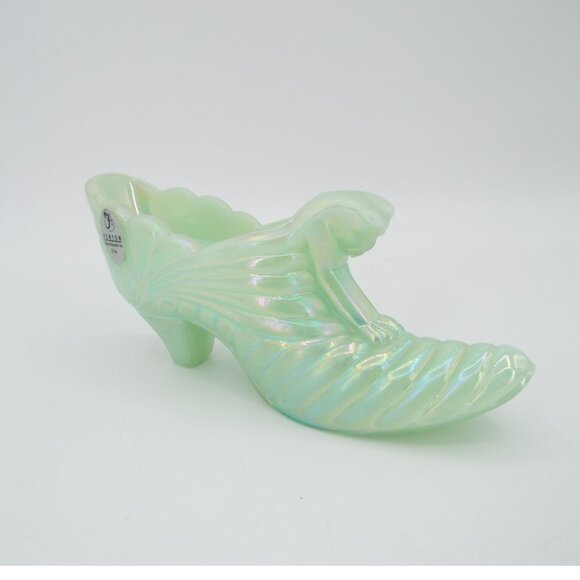 Vintage Fenton Iridescent Jadeite Glass Shoe Cat Head Handmade in USA - Picture 2 of 12